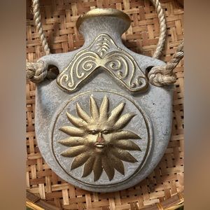 Celestial ceramic folk art wall hanging sunstar with rope